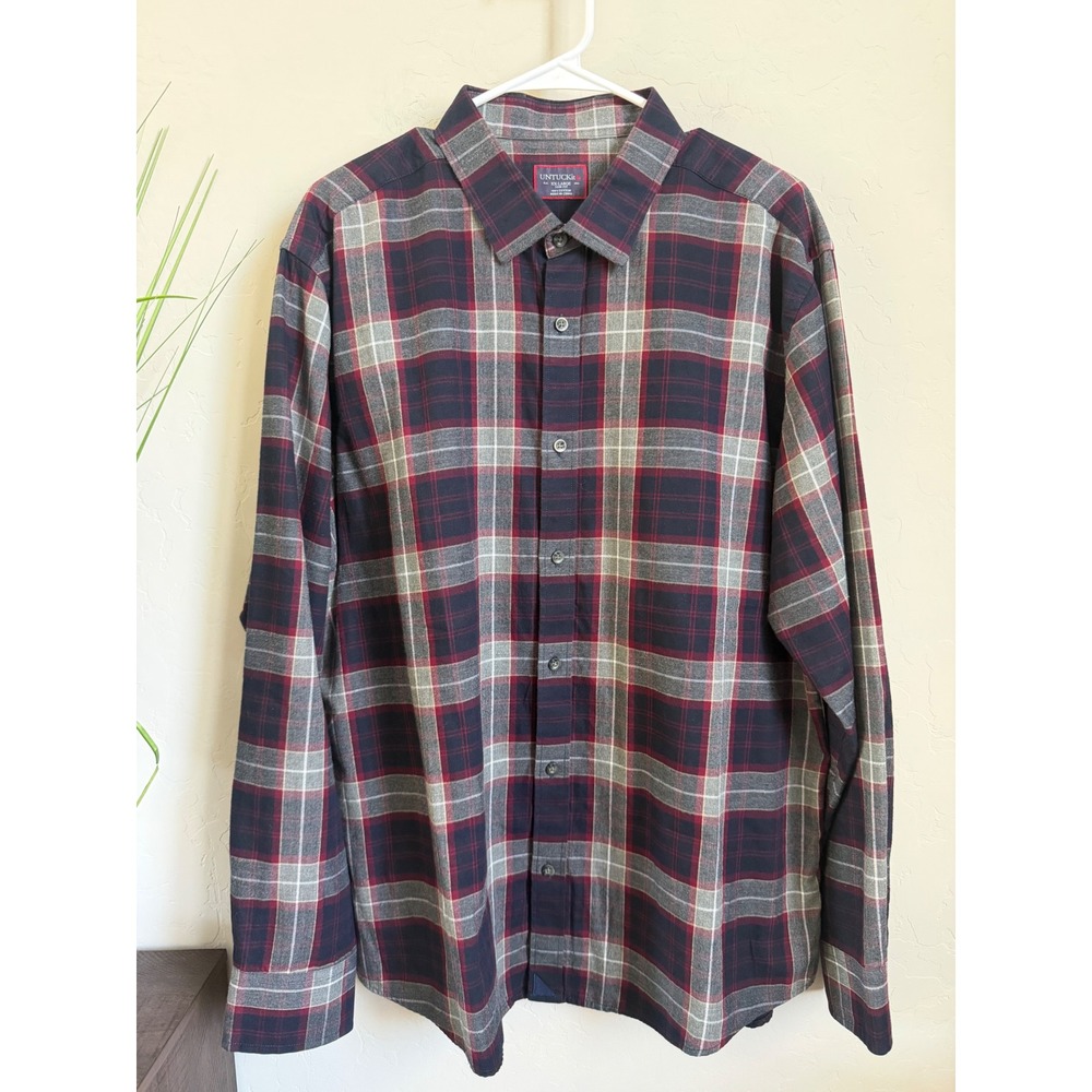 UNTUCKit Alentejo Plaid Flannel Shirt Mens XXL Slim Fit Navy Burgundy Cotton